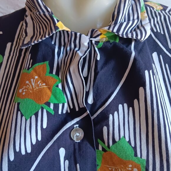 Women's 38 Large Vintage 1970's Hawaiian Top Floral Button-Up Shirt Geometric - Picture 3 of 7